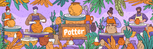 Pottery crafting workshop people creating ceramics surrounded by plants and pottery tools vibrant colors artistic scene decorative elements website banner