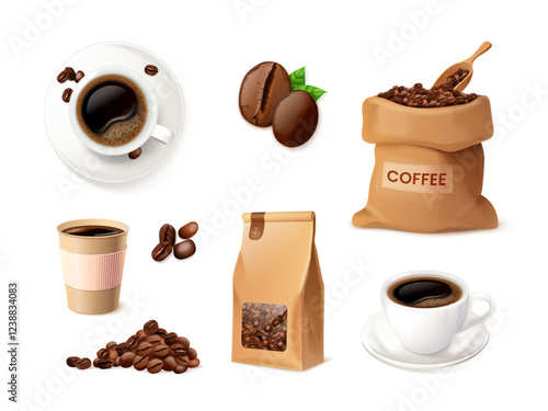 Realistic coffee products. 3d coffe mug on saucer with roasted beans in burlap bag with scoop, hot espresso latte drink paper cup bean top side view set exact vector illustration