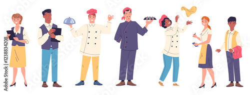 Restaurant staff workers. Man woman in catering service uniform, cafe employment kitchen crew job team chef cook waitress waiter manager administrator, classy vector illustration