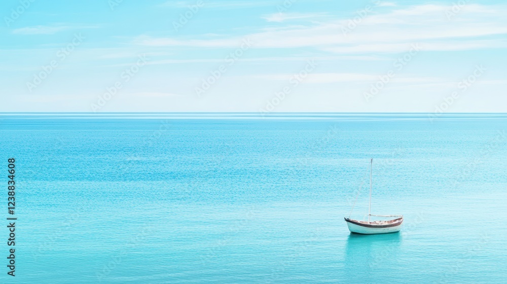 Fototapeta premium Solitude on the Azure Sea: A small sailboat rests serenely on a vast expanse of calm, turquoise water under a clear, bright sky. The scene evokes a sense of peace and tranquility. 