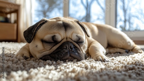 A relaxed puppy curls up on a cozy carpet in a bright, plant-filled room, creating a calming and heartwarming scene. 
 photo