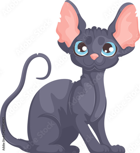 Charming cartoon illustration of a black hairless Sphynx cat sitting with a curious expression, featuring large blue eyes and pink ears.