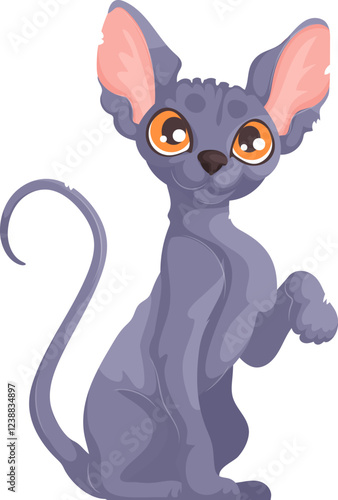 Cute cartoon illustration of a gray hairless Sphynx cat sitting with one paw raised, featuring orange eyes and large pink ears.
