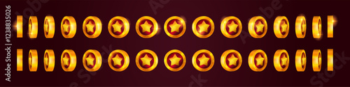 Star coin rotation. Casino game spin gold coins turn animation, game token stars reward bonus rotation effect level trophy flip badge money coin ui set swanky vector illustration