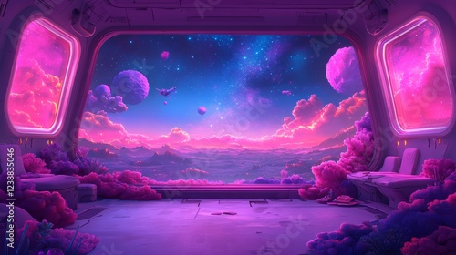 Fototapeta Naklejka Na Ścianę i Meble -  Futuristic cartoon sci fi space station interior with holographic cosmic view for concept art design