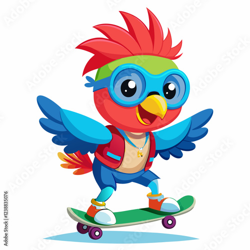 Cartoon Parrot Skateboarding with Red Mohawk and Colorful Feathers in Playful Pose