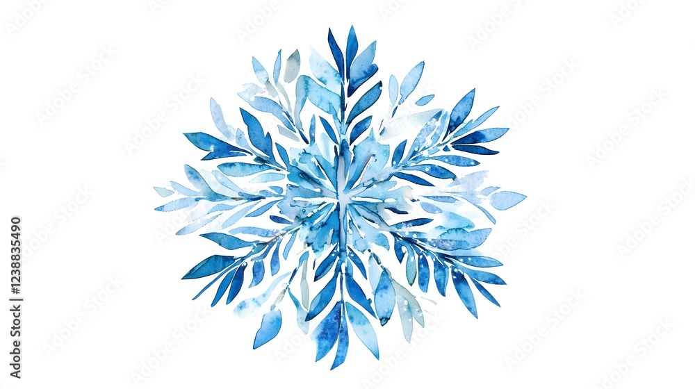 Watercolor Snowflake Design Blue Leaves Pattern Watercolor Snowflake Design Blue Leaves Pattern