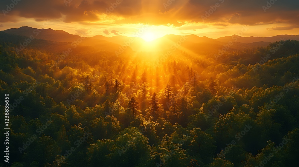 Sunset rays illuminate misty mountain forest Sunset rays illuminate misty mountain forest