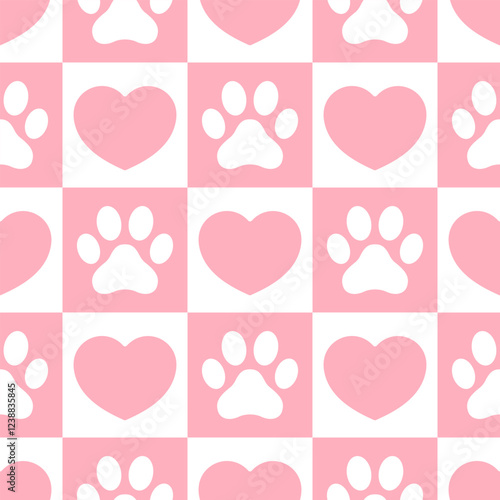 Hearts and paw prints in cute and minimalistic style on checkered background Vector seamless pattern