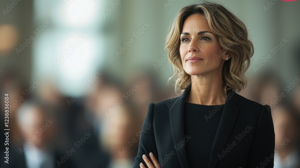 Confident and Poised Businesswoman Delivering a Presentation to a Room Full of Colleagues and Professionals at a Corporate Seminar or Conference Confident and Poised Businesswoman Delivering a Presentation to a Room Full of Colleagues and Professionals at a Corporate Seminar or Conference