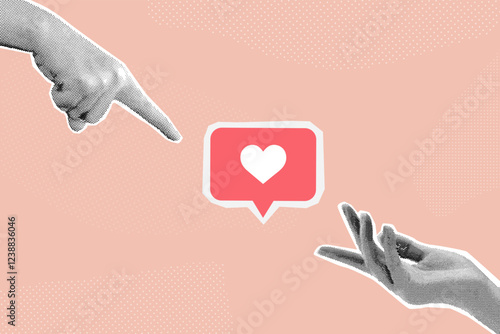 Hands like addiction. Gadget or social media network internet addict concept, realistic hand with love heart speech bubble paper vintage collage trendy banner vector illustration