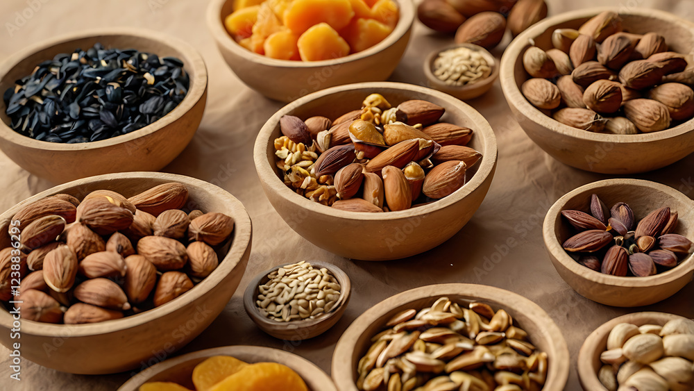 Healthy snacks: nuts, dried fruits and seeds on craft paper. Healthy snacks: nuts, dried fruits and seeds on craft paper.