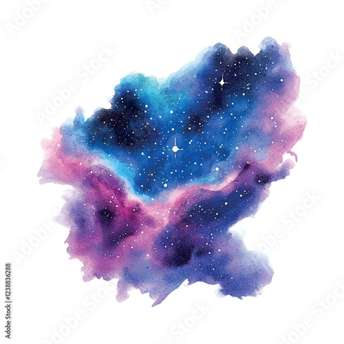 A painting of a galaxy with purple and blue colors and stars. The painting has a dreamy and ethereal mood, with the stars and colors blending together to create a sense of wonder and awe