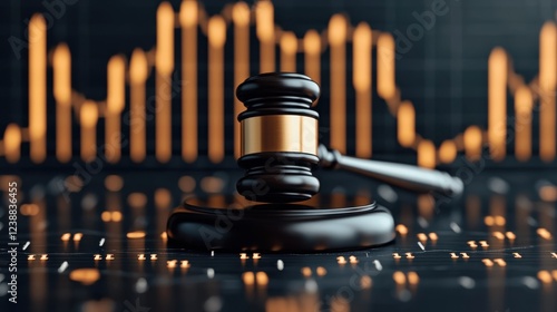 Close up image of a wooden judges gavel on a desk or table surrounded by rising and falling market graphs creating a backdrop that symbolizes the legal system judicial process