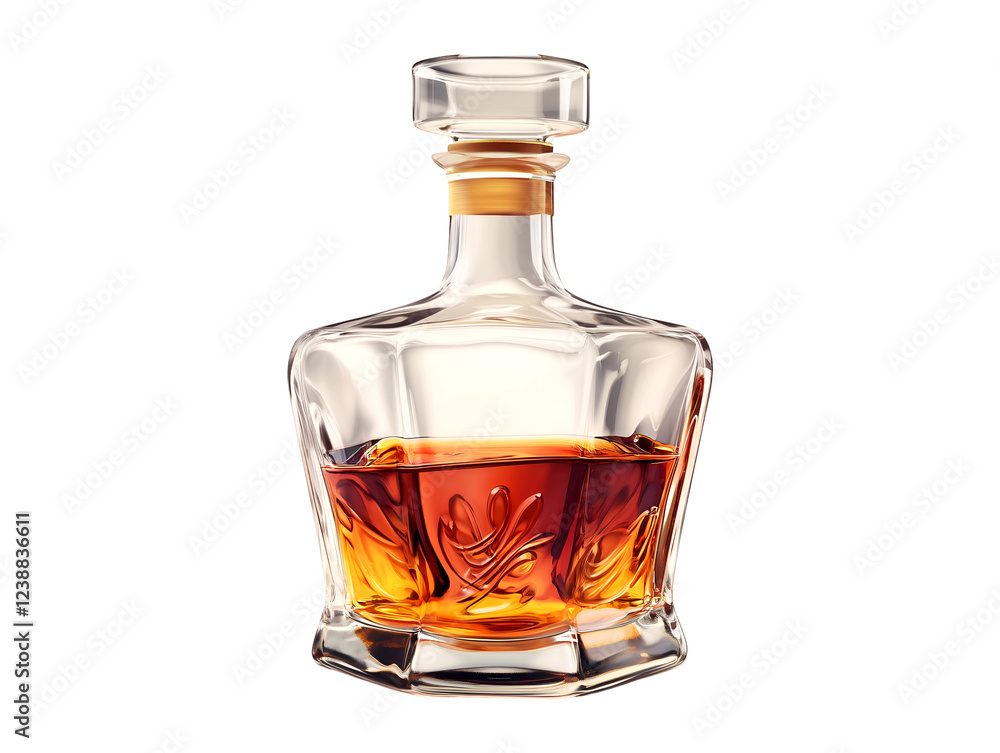 Decanter of amber liquid, elegant glass bottle with etched design isolated on transparent background, PNG, cut out Decanter of amber liquid, elegant glass bottle with etched design isolated on transparent background, PNG, cut out
