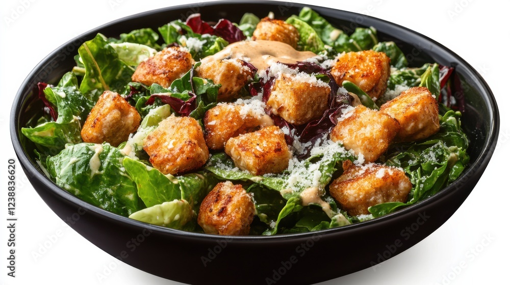 Delicious caesar salad with crispy chicken croutons and parmesan cheese in black bowl Delicious caesar salad with crispy chicken croutons and parmesan cheese in black bowl