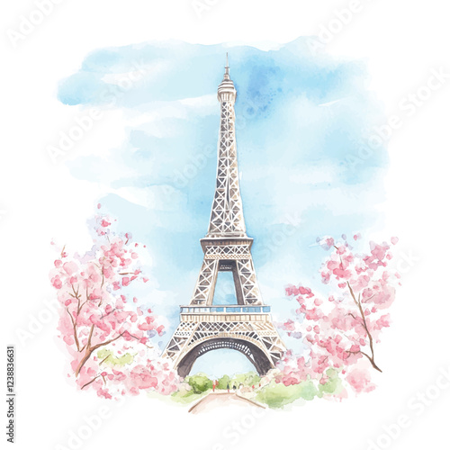 A watercolor painting of the Eiffel Tower with pink flowers in the background. The painting captures the beauty and elegance of the iconic landmark, and the pink flowers add a touch of romance