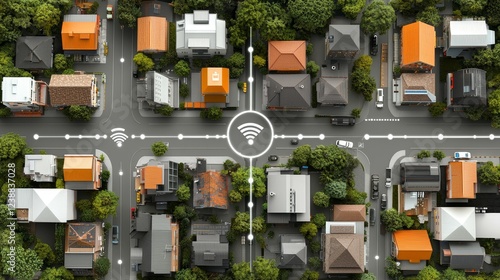 Urban Air Mobility and Connectivity concept. Aerial view of a neighborhood with houses and Wi-Fi network symbol.