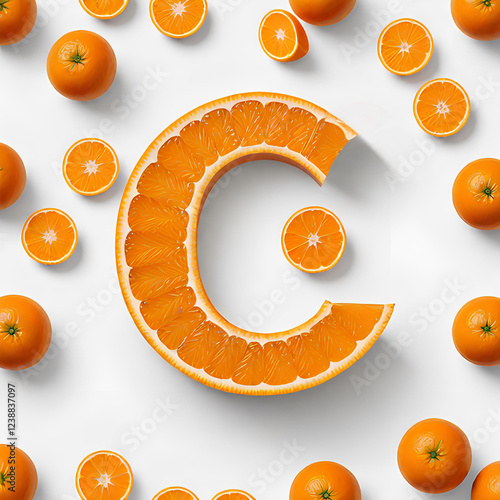 C letter orange fruit slice on oranges background. C vitamin concept icon.