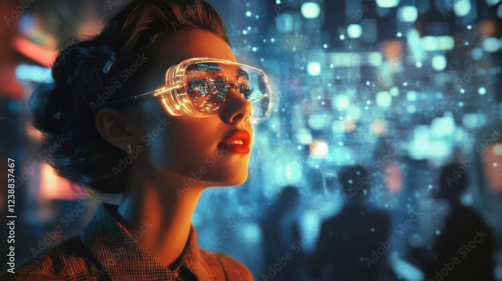 Futuristic young woman with led glasses gazing at vibrant city lights Futuristic young woman with led glasses gazing at vibrant city lights