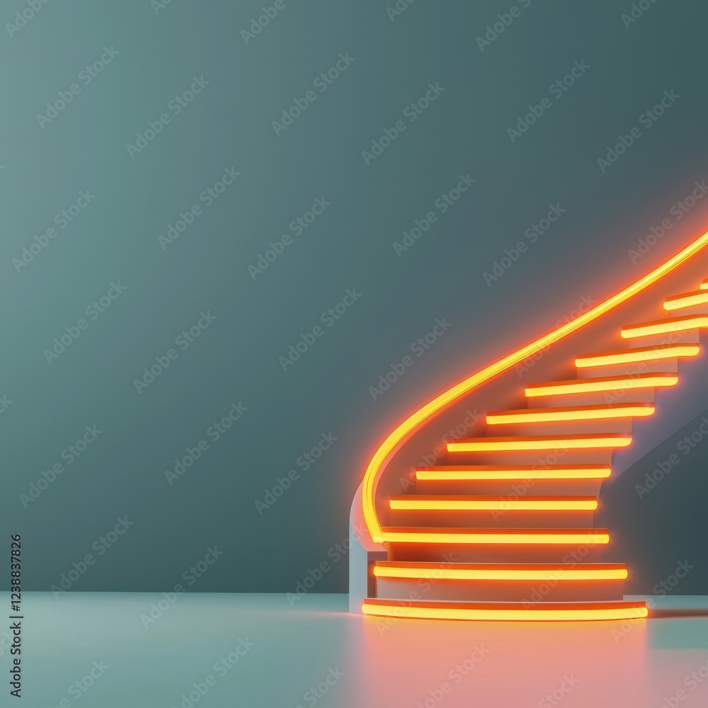 Obraz premium A modern spiral staircase with glowing orange lights against a muted green wall, creating a vibrant and contemporary aesthetic.