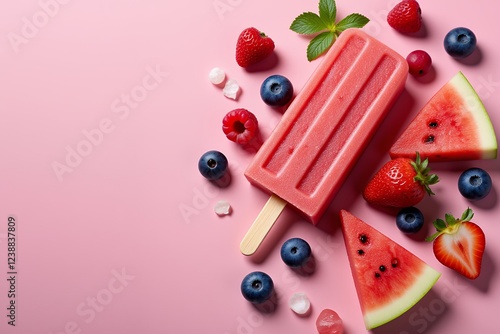 Refreshing Summer Popsicle with Watermelon Berries on Pink photo