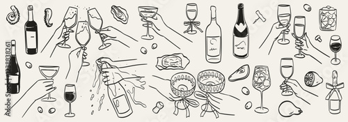 Hands hold white sparkling or red wine, champagne or cocktail glasses set. Cheers vector illustration for greeting card, postcard, wedding invitation, menu design. Line drawing of people celebrating.