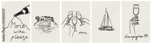 Hand draw dolce vita doodle posters placards or party invitations. Vector illustration of people drinking wine or champagne on sea coast vacation. Minimalist line art drawings for invitations, prints.