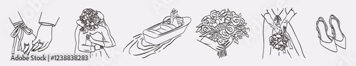 Sea coast or italian marine style wedding design elements for print. Honeymoon doodle ink vector illustrations in retro line elegant style. Kissing bride and groom on motorboat and flower bouquet.