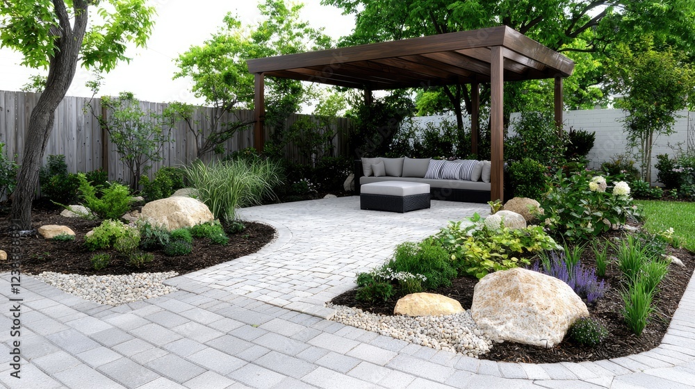 Backyard patio with pergola, stone path, and landscaping Backyard patio with pergola, stone path, and landscaping