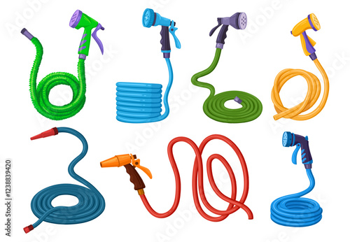 Garden hoses. Watering rubber hosepipe with spray plastic nozzle drip irrigation for lawn grass, pipe reel roll gardening tool farm equipment, cartoon set tidy vector illustration