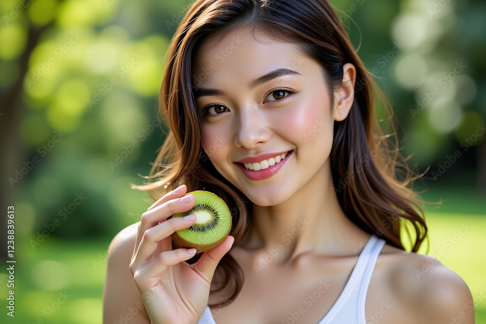 Beautiful Asian Woman with Long Brown Hair Holding a Sliced Kiwi Outdoors Beautiful Asian Woman with Long Brown Hair Holding a Sliced Kiwi Outdoors