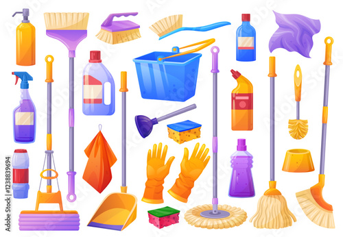 Cartoon cleaning supplies. Clean tools products, household stuff housework equipment housekeeping set cleaner spray broom mop duster toilet brush home wash tidy vector illustration