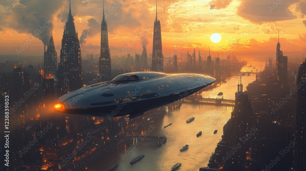 Futuristic spaceship flying over sci-fi cityscape at sunset with skyscrapers and river Futuristic spaceship flying over sci-fi cityscape at sunset with skyscrapers and river