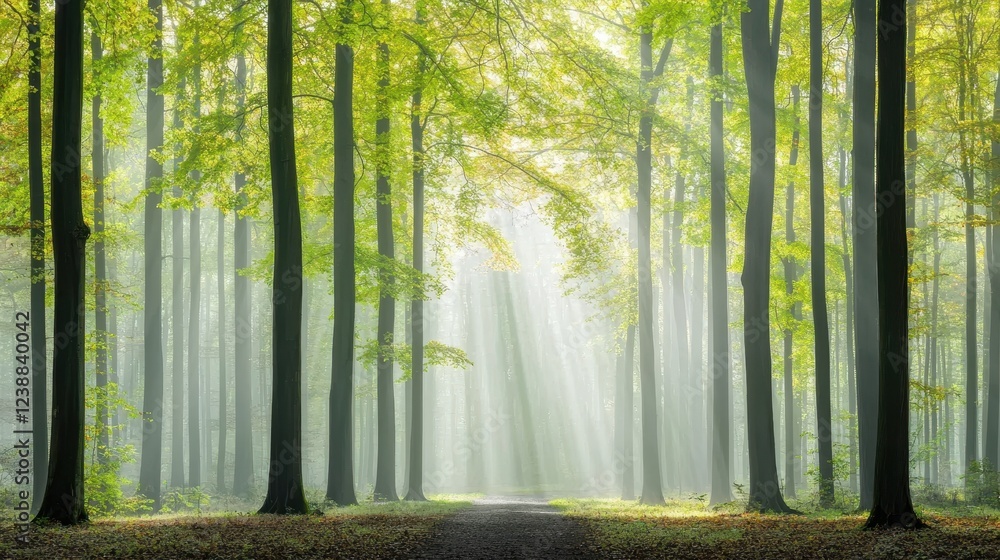 Fototapeta premium Mystical Sunbeams in Foggy Green Forest Tranquil Path Nature Scene