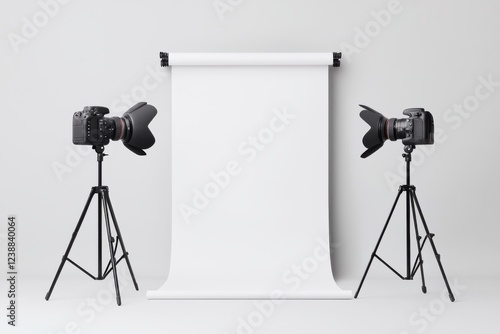 Blank white roll up banner or stand on a neutral gray studio background providing a clean minimalist backdrop for advertising product display photography and other commercial or promotional purposes