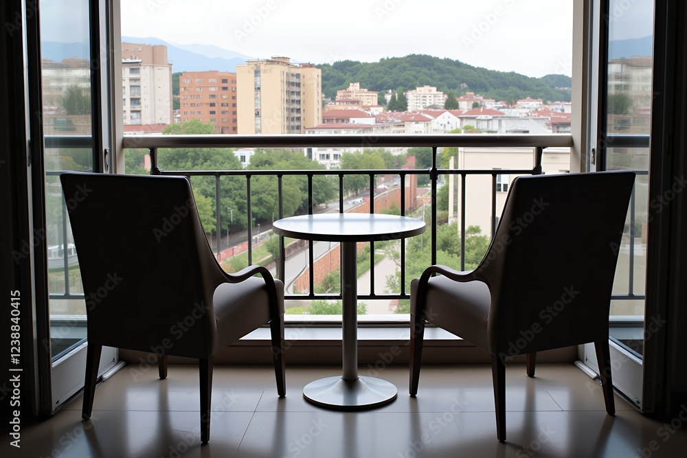 Hotel Balcony View Two Chairs Small Table Cityscape Panorama Hotel Balcony View Two Chairs Small Table Cityscape Panorama