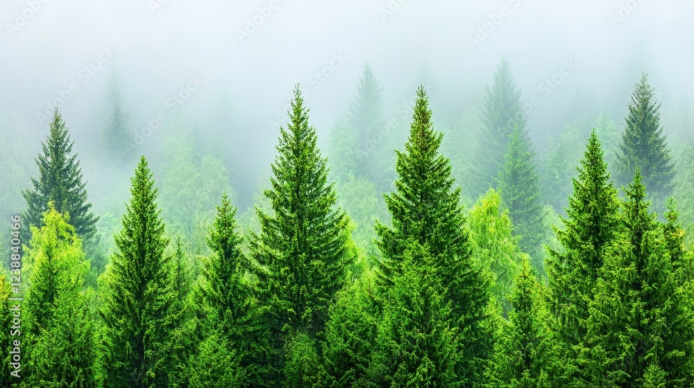 Misty Evergreen Forest Lush Green Coniferous Trees in Fog Nature Background Misty Evergreen Forest Lush Green Coniferous Trees in Fog Nature Background