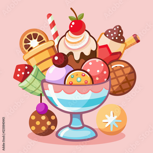 Colorful Ice Cream Sundae with Whipped Cream and Chocolate Syrup