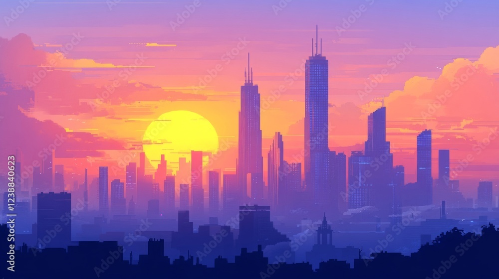 Obraz premium Futuristic City Sunset Silhouette