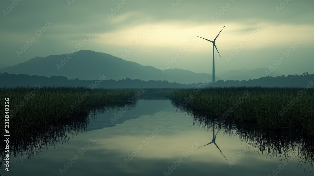 Serene Landscape with Wind Turbine Reflected in Calm Water Green Marshes and Mountains Serene Landscape with Wind Turbine Reflected in Calm Water Green Marshes and Mountains