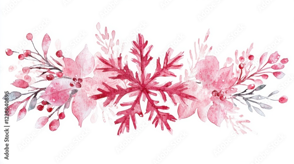 Naklejka premium Watercolor winter floral arrangement with pink poinsettias and red snowflake