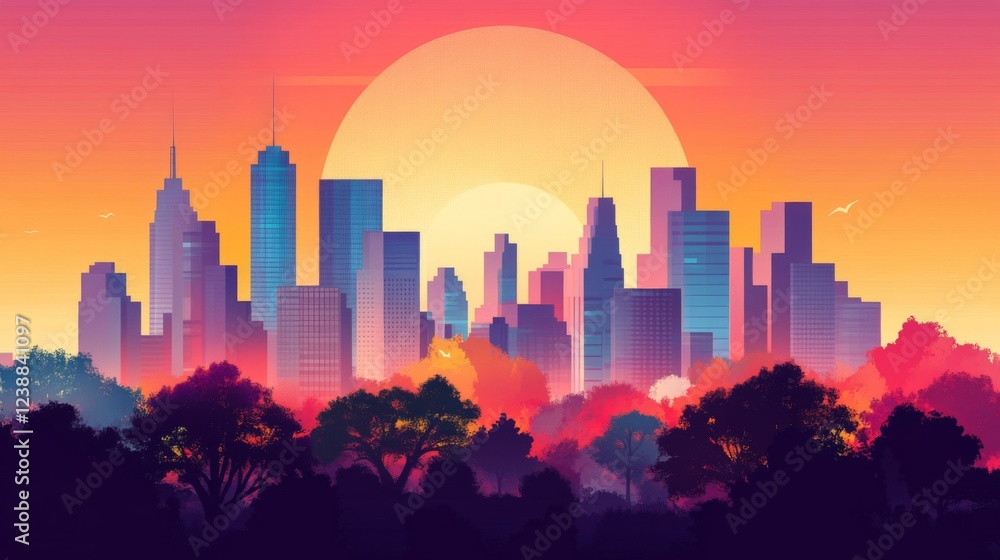Fototapeta premium Vibrant City Skyline at Sunset
