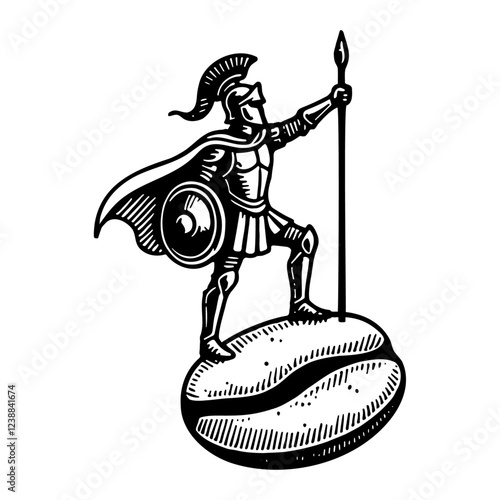 brave warrior with a spear and shield standing on a coffee bean vintage sketch
