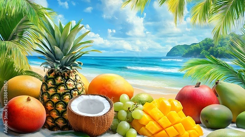 Fototapeta Naklejka Na Ścianę i Meble -  Collection of tropical fruits like coconuts, pineapples, and mangoes on a beach scene.