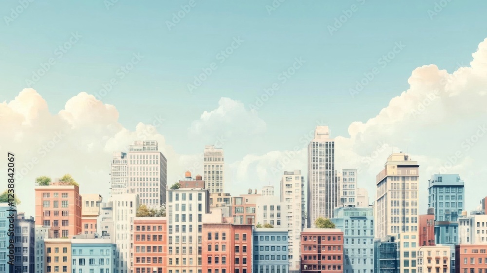 Fototapeta premium Pastel City Skyline Under a Bright Summer Sky