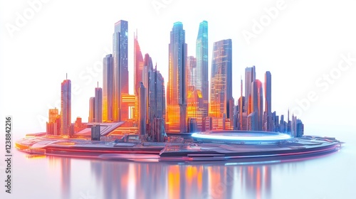 Futuristic neon cityscape at sunset with sky-high skyscrapers and sci-fi architecture