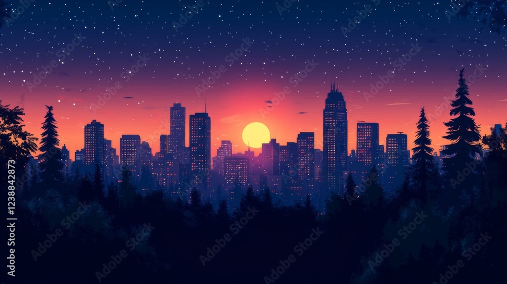 Pixel Sunset Cityscape Over Silhouette Forest Pixel Sunset Cityscape Over Silhouette Forest