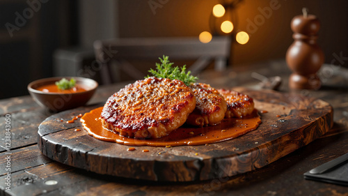 Delicious kotlet schabowy served artistically on rustic wooden board, culinary delight