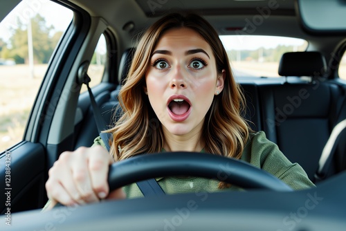 Shocked Woman Driving Car Surprised Female Driver Open Mouth Expression Road Trip Travel